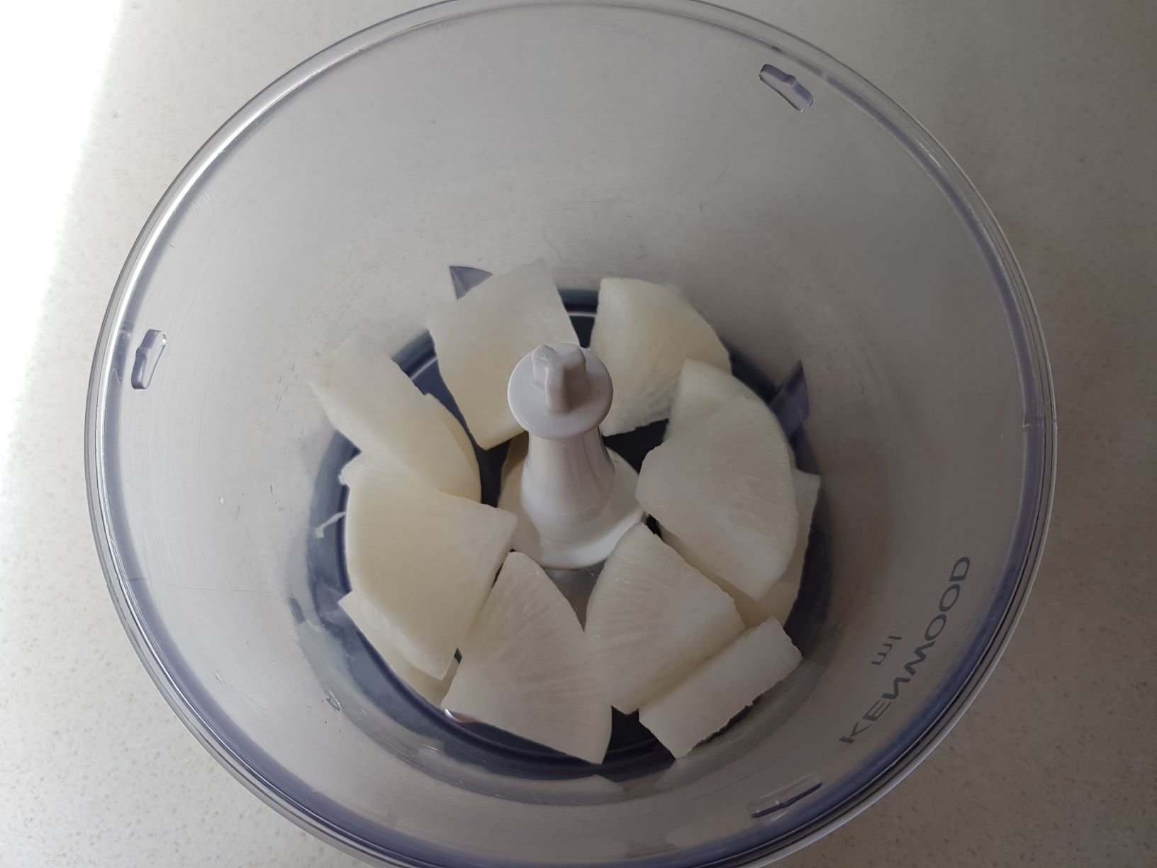 Journey to the East, Japanese home cooking recipe, Pieces of daikon white radish in food processor